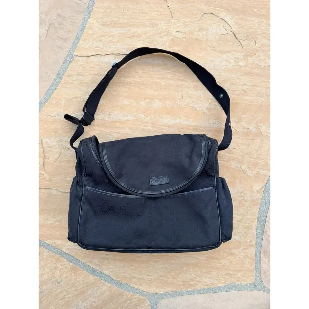 Gucci GG Black Diaper Nappy Baby Bag Canvas/Leather Trim w/Changing Mat Lsaja